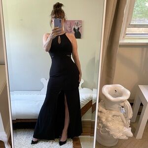 VINTAGE BLACK SLEEVELESS DRESS GOWN RACERBACK ZIPPER MESH INSERTS FRONT SLIT